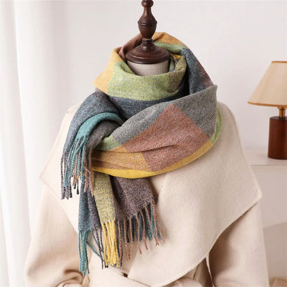 Colorful Plaid Scarf with Fringe Ends