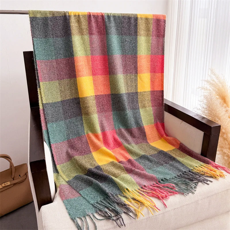 Colorful Plaid Scarf with Fringe Ends