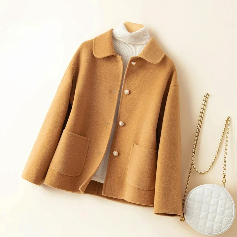 Double-Sided Wool Coat for Women with Rounded Collar