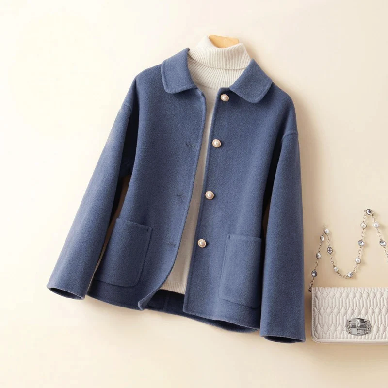 Double-Sided Wool Coat for Women with Rounded Collar