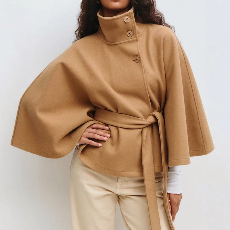 High-Neck Cape Coat for Women with Tie Belt