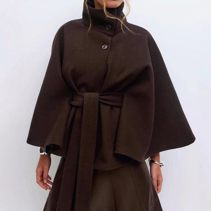 High-Neck Cape Coat for Women with Tie Belt