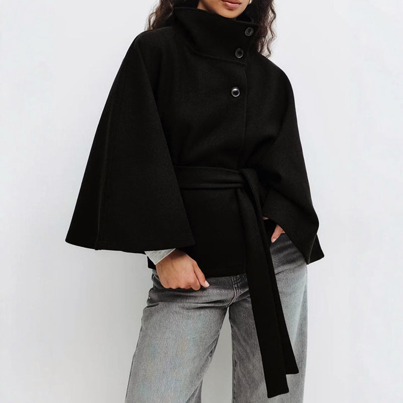 High-Neck Cape Coat for Women with Tie Belt