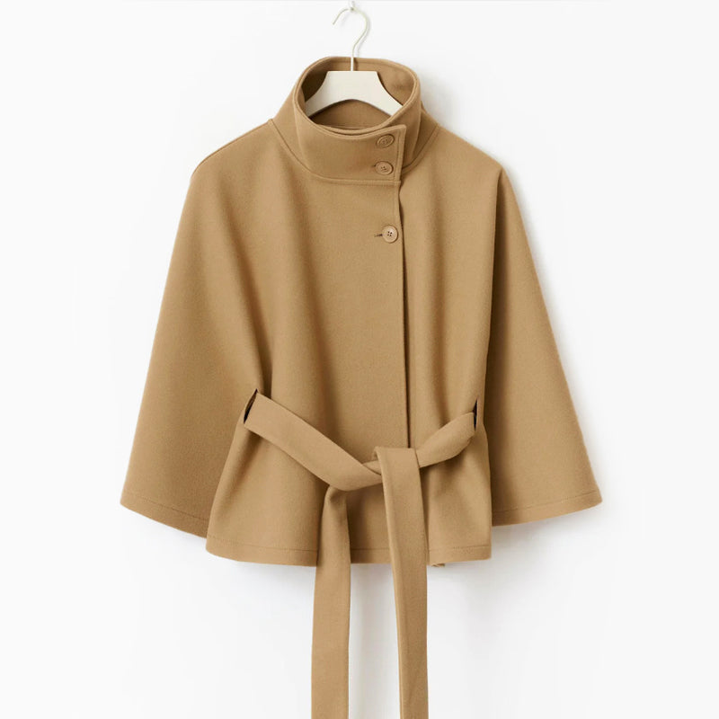High-Neck Cape Coat for Women with Tie Belt