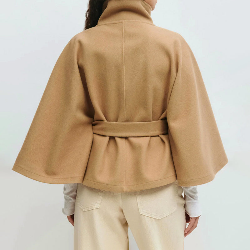High-Neck Cape Coat for Women with Tie Belt