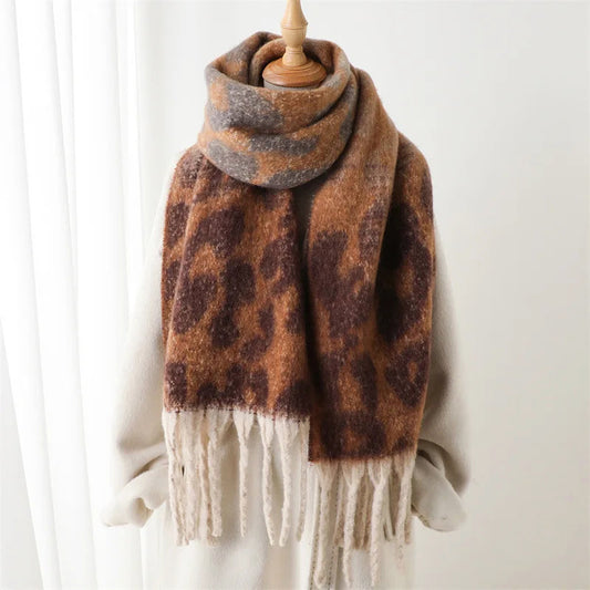 Leopard Print Long Scarf with Fringed Ends