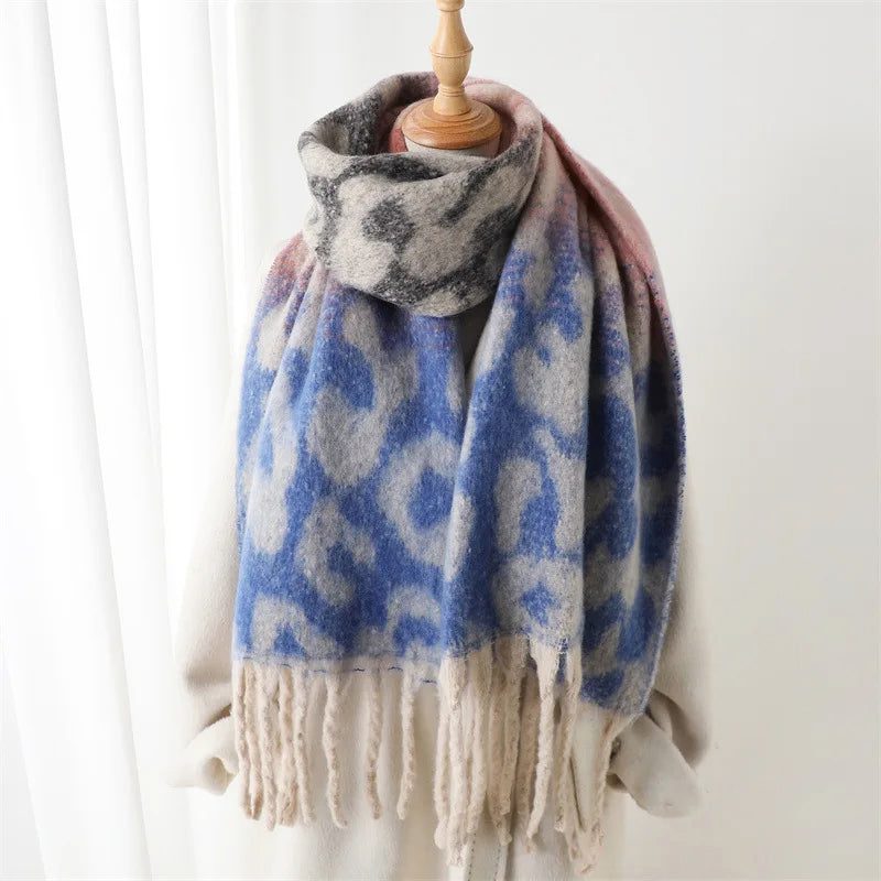 Leopard Print Long Scarf with Fringed Ends