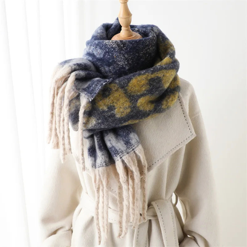 Leopard Print Long Scarf with Fringed Ends