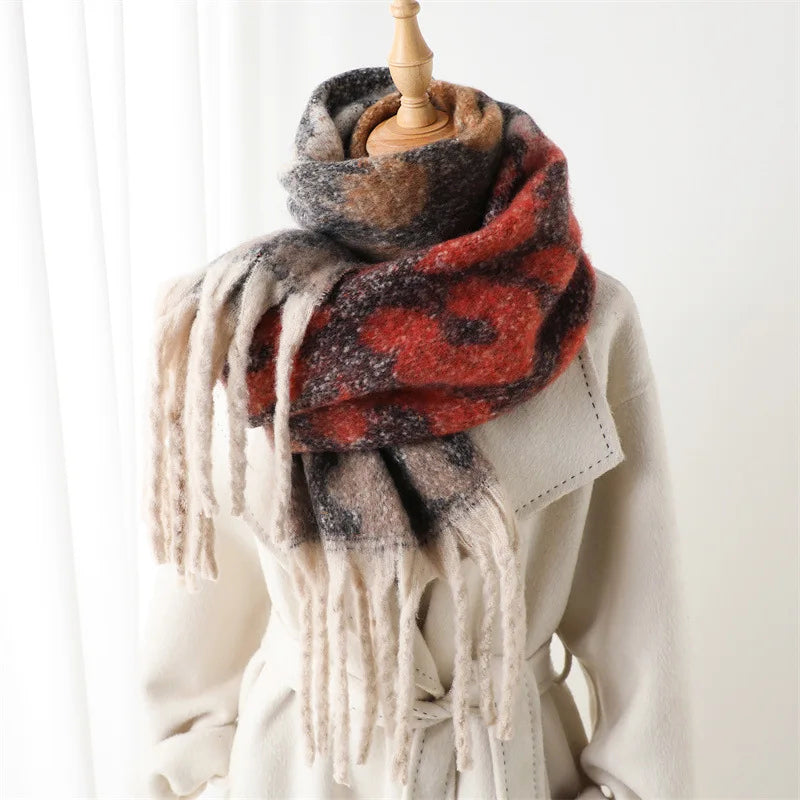 Leopard Print Long Scarf with Fringed Ends