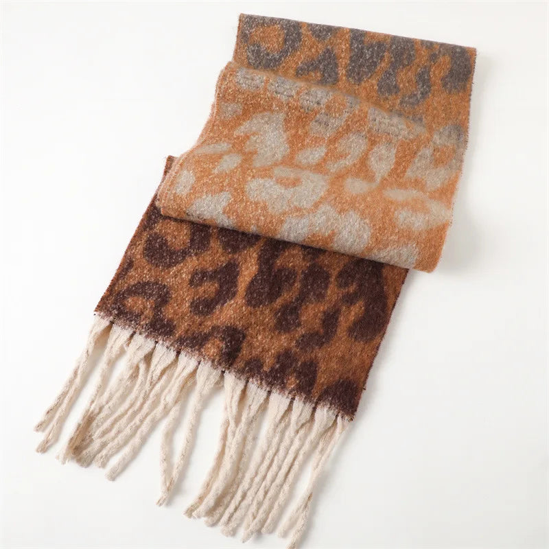 Leopard Print Long Scarf with Fringed Ends