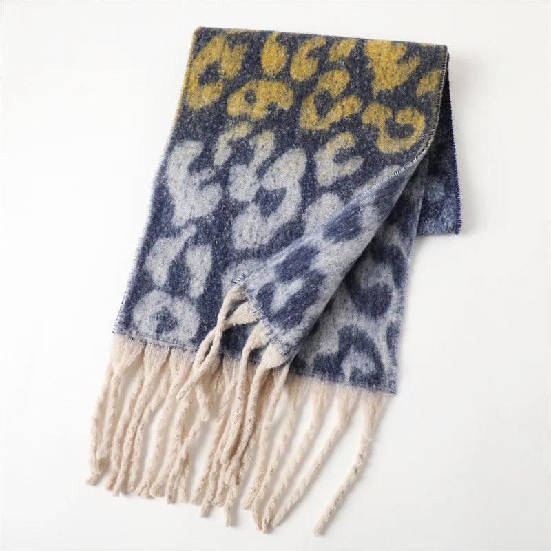 Leopard Print Long Scarf with Fringed Ends