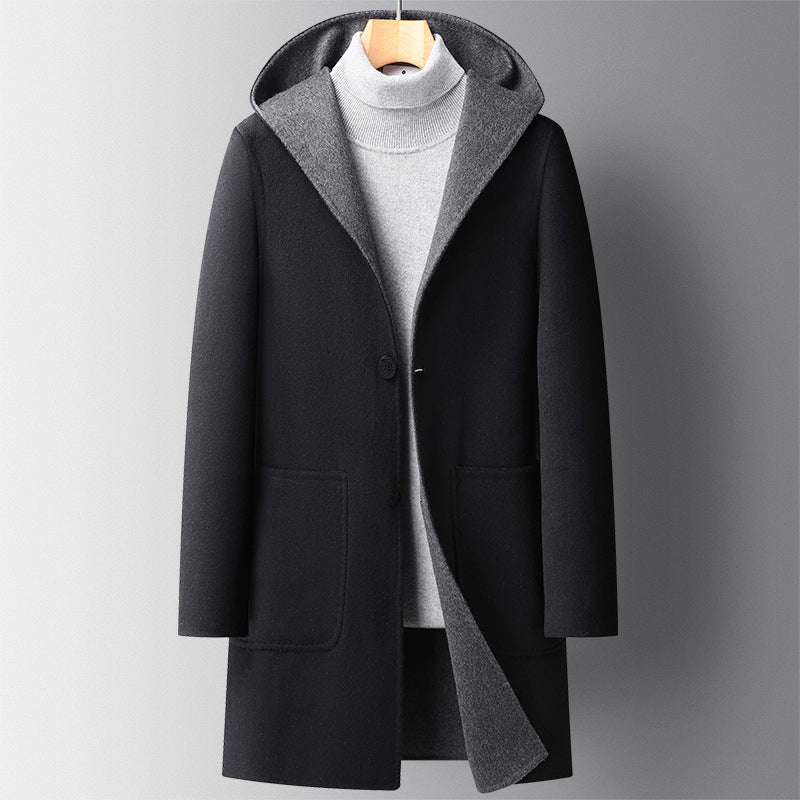 Men’s Reversible Wool-Blend Overcoat with Hood