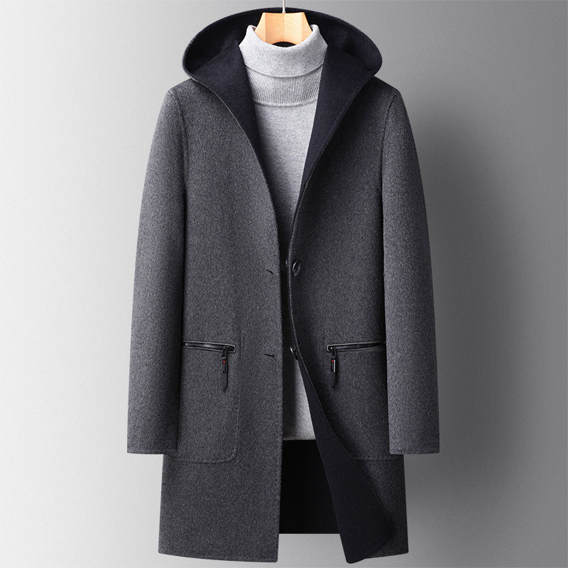 Men’s Reversible Wool-Blend Overcoat with Hood