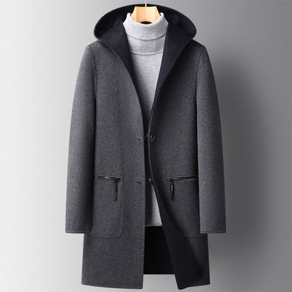 Men’s Reversible Wool-Blend Overcoat with Hood