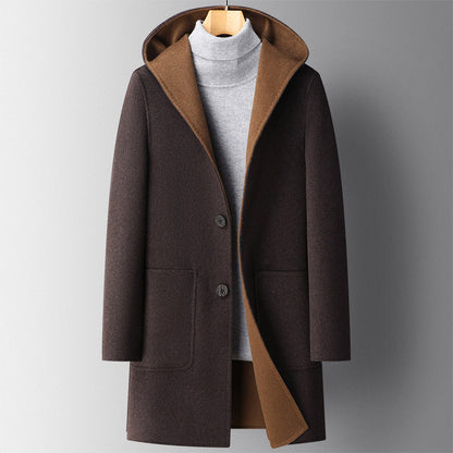 Men’s Reversible Wool-Blend Overcoat with Hood