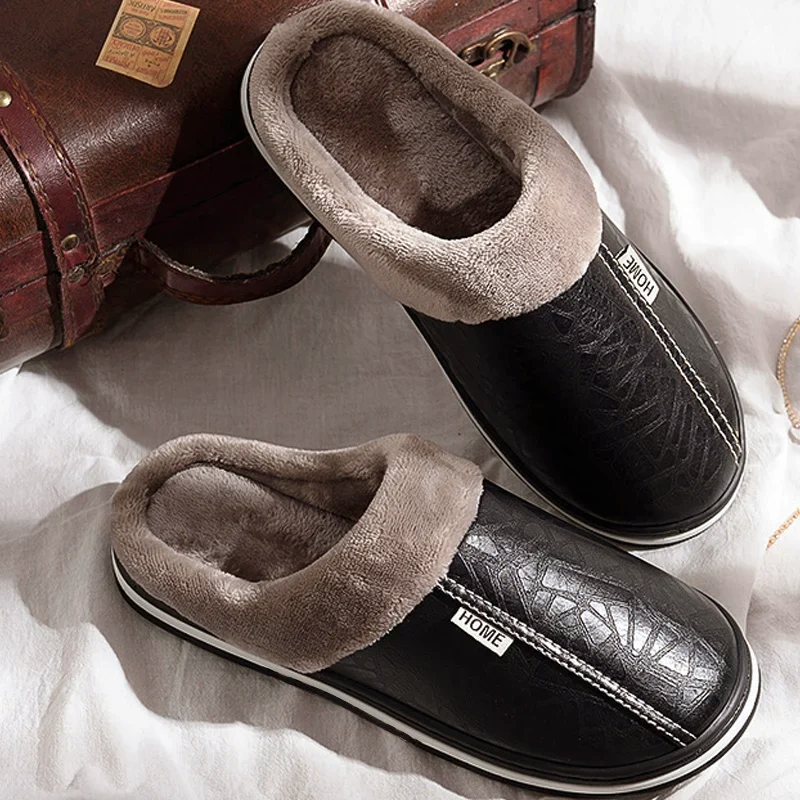 Men’s Faux Leather Home Slippers with Lined Interior