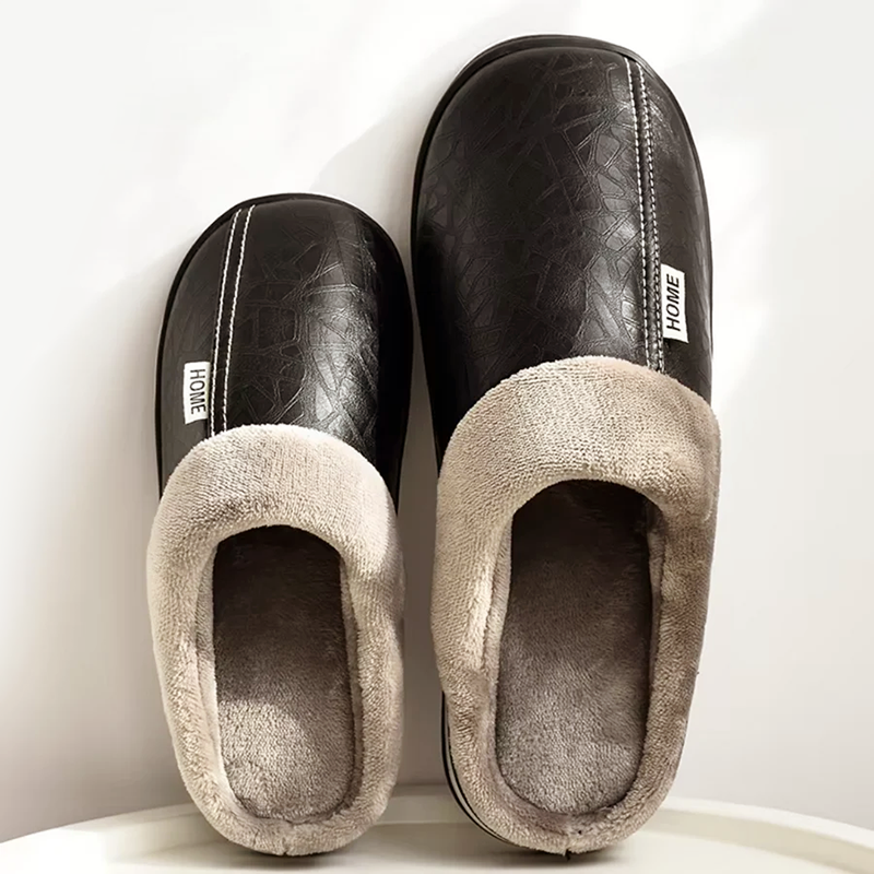 Men’s Faux Leather Home Slippers with Lined Interior