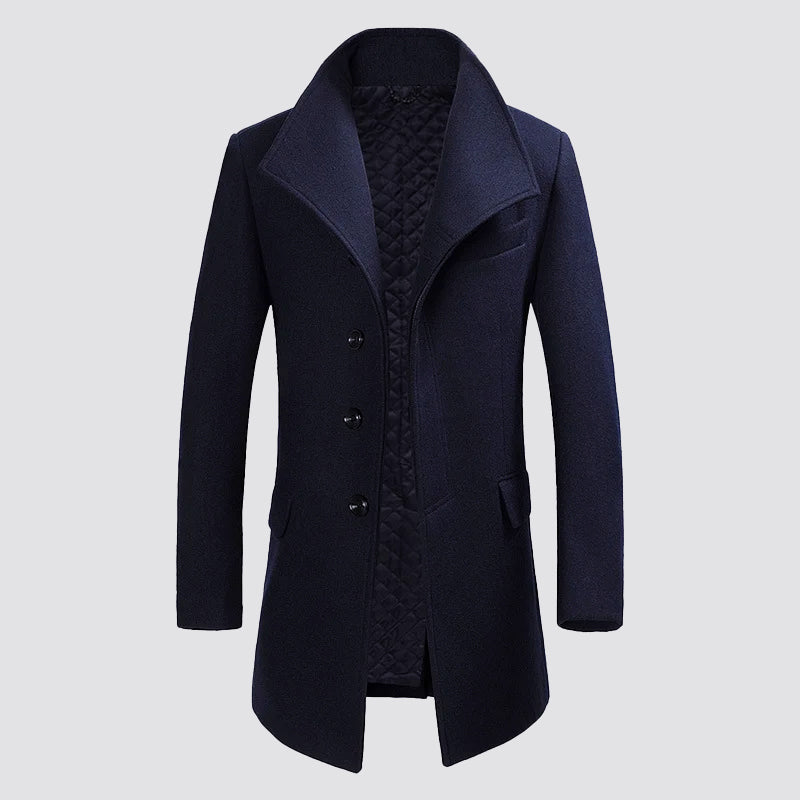 Men’s High-Collar Merino Wool Coat with Front Buttons