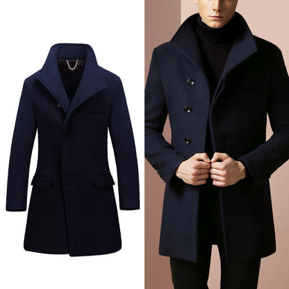 Men’s High-Collar Merino Wool Coat with Front Buttons