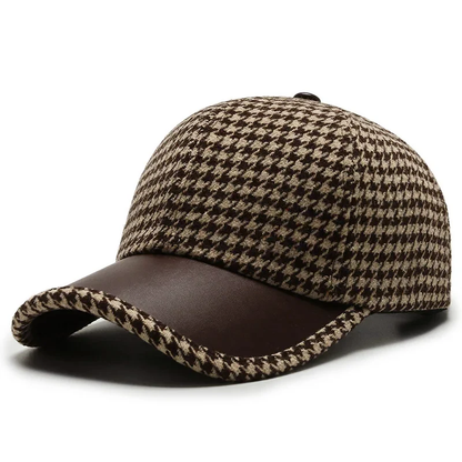 Men’s Houndstooth Cap with Faux Leather Detail