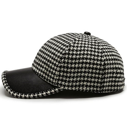 Men’s Houndstooth Cap with Faux Leather Detail