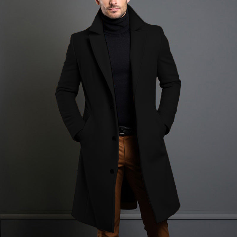 Men’s Long Overcoat with Notched Lapel and Button Closure