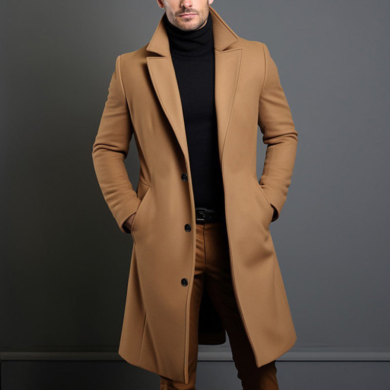 Men’s Long Overcoat with Notched Lapel and Button Closure