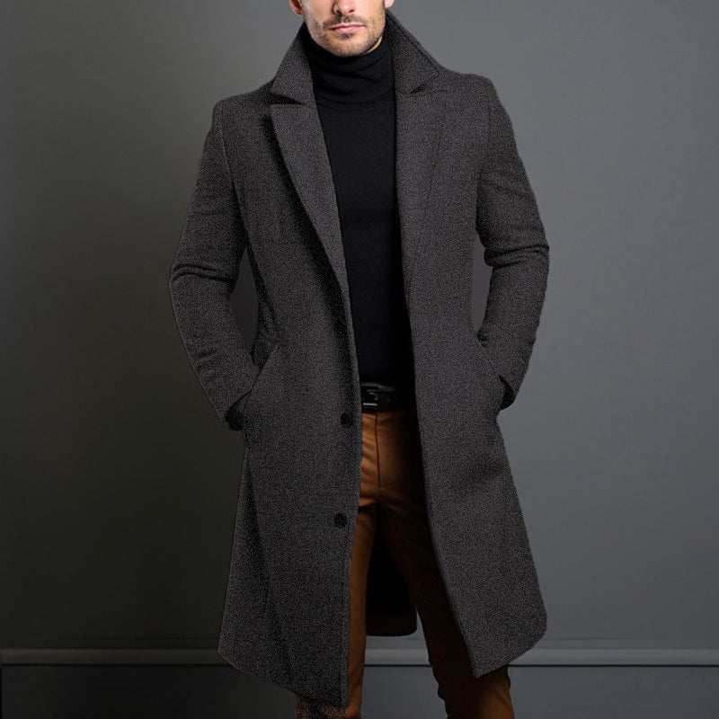 Men’s Long Overcoat with Notched Lapel and Button Closure