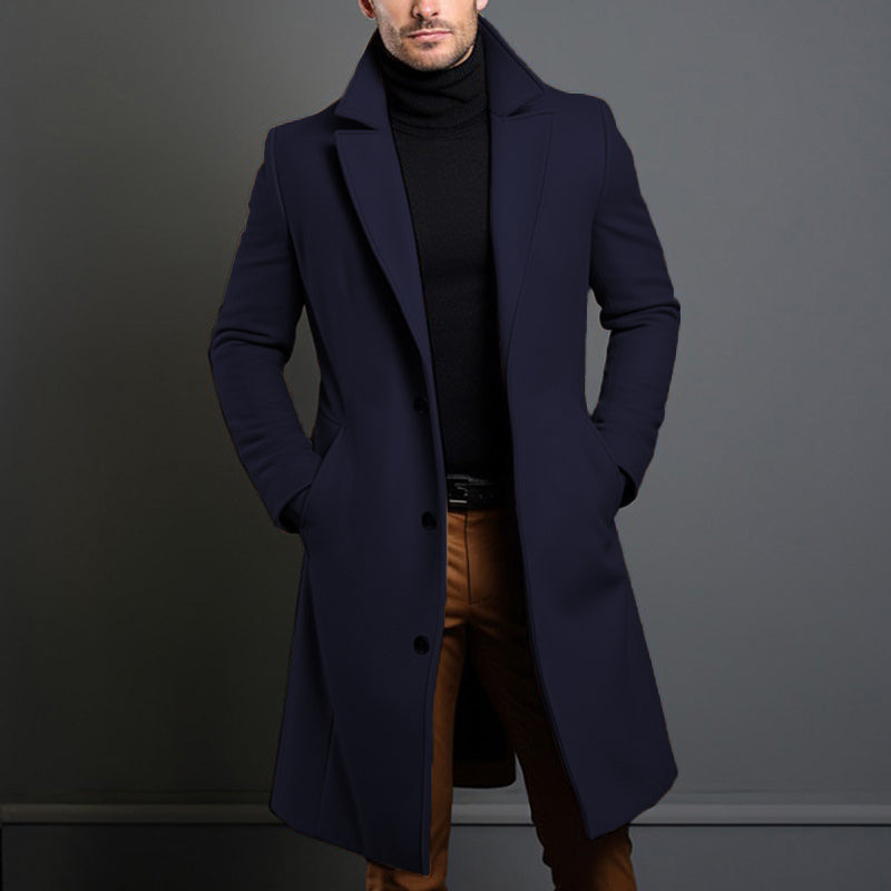 Men’s Long Overcoat with Notched Lapel and Button Closure