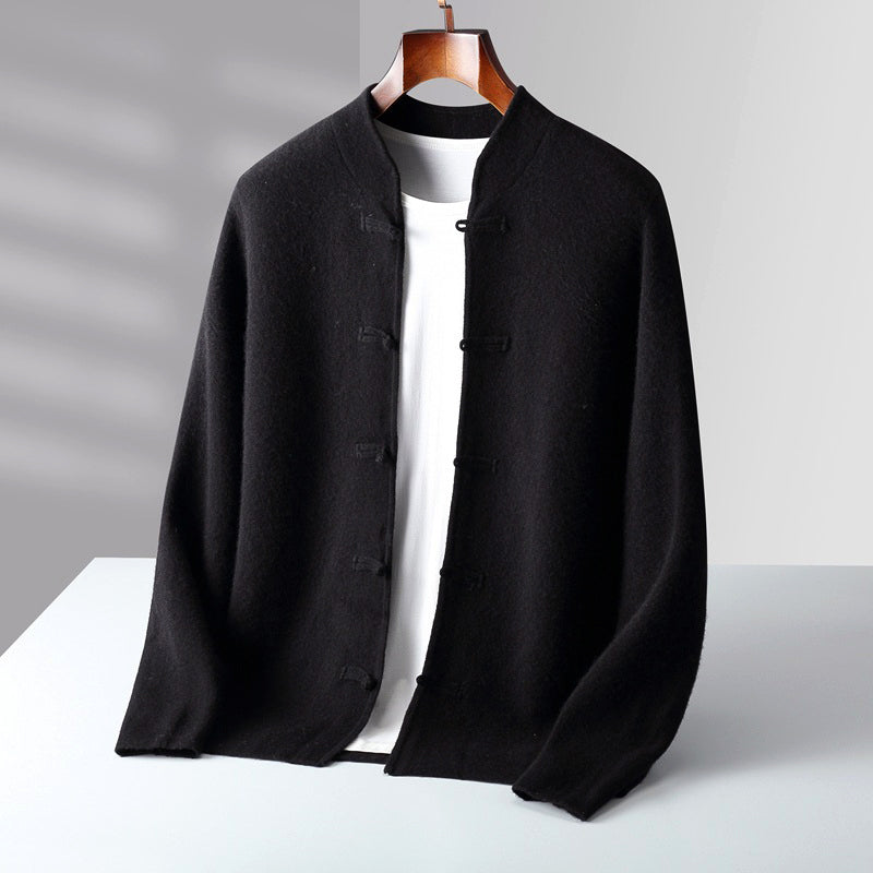 Men’s Wool Cardigan with Stand Collar and Loop Buttons