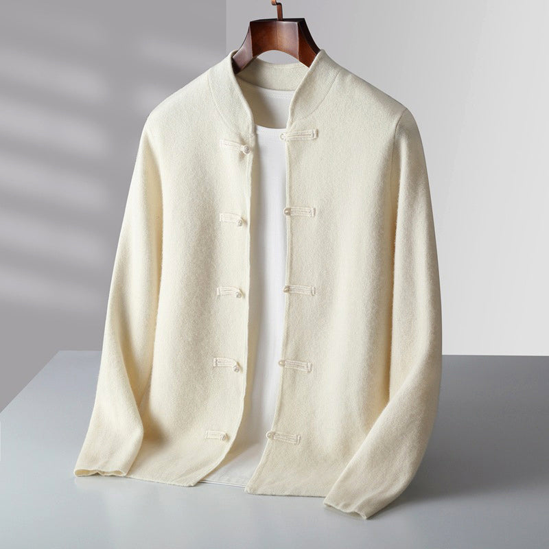 Men’s Wool Cardigan with Stand Collar and Loop Buttons