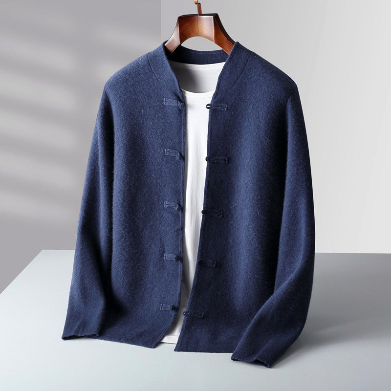 Men’s Wool Cardigan with Stand Collar and Loop Buttons