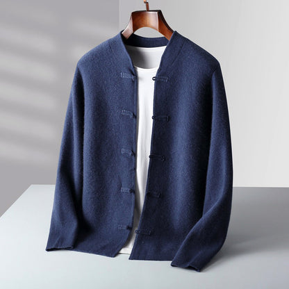 Men’s Wool Cardigan with Stand Collar and Loop Buttons