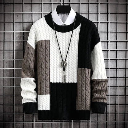 Patchwork Cable Knit Sweater for Men with Round Neck