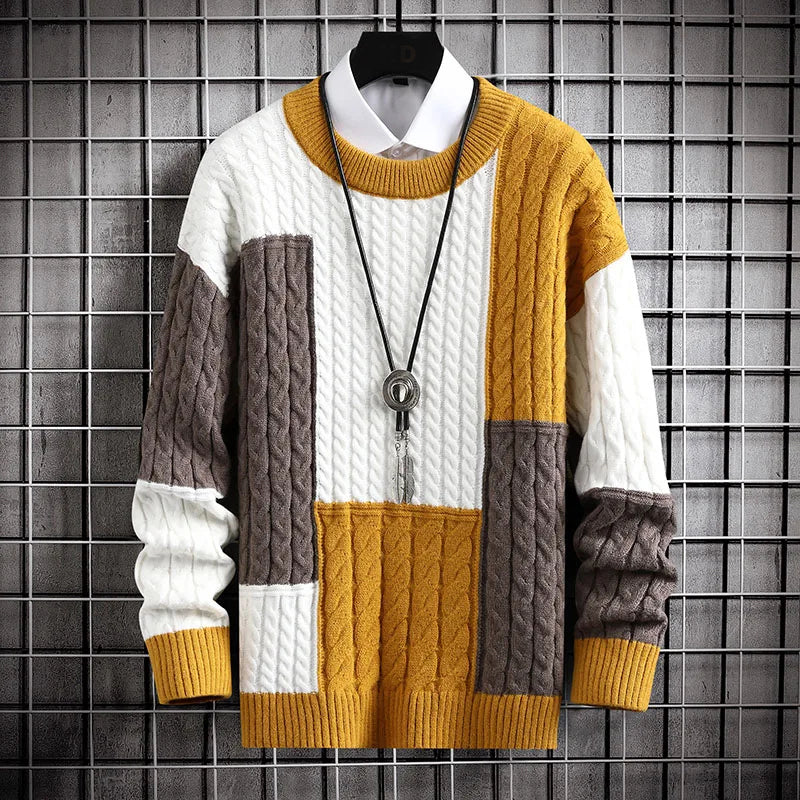 Patchwork Cable Knit Sweater for Men with Round Neck