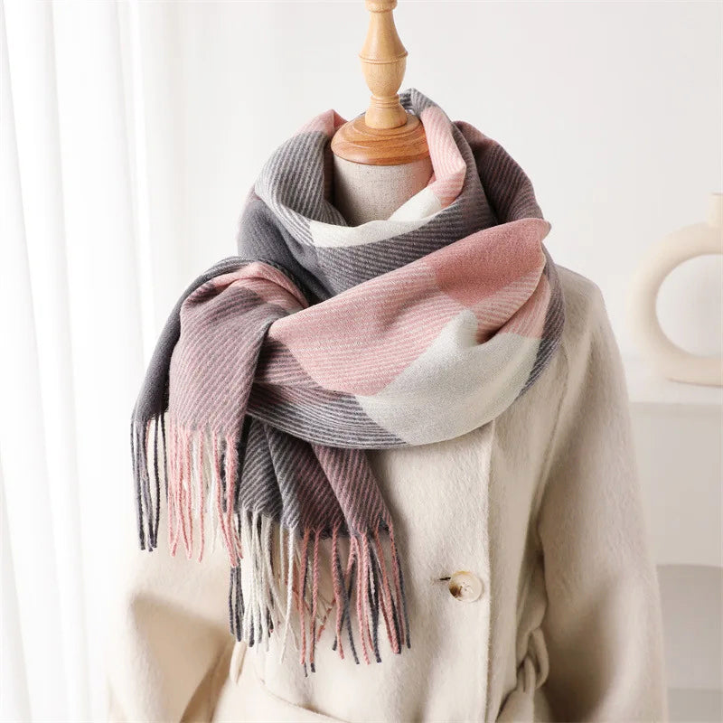 Plaid Winter Scarf with Fringe Ends