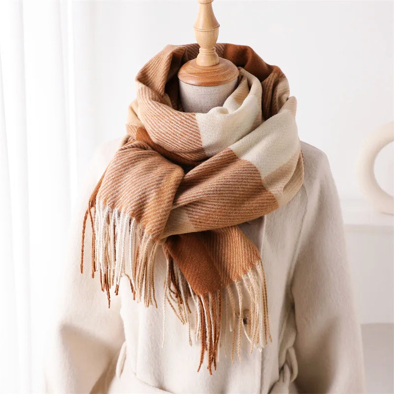 Plaid Winter Scarf with Fringe Ends