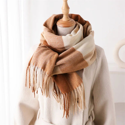 Plaid Winter Scarf with Fringe Ends