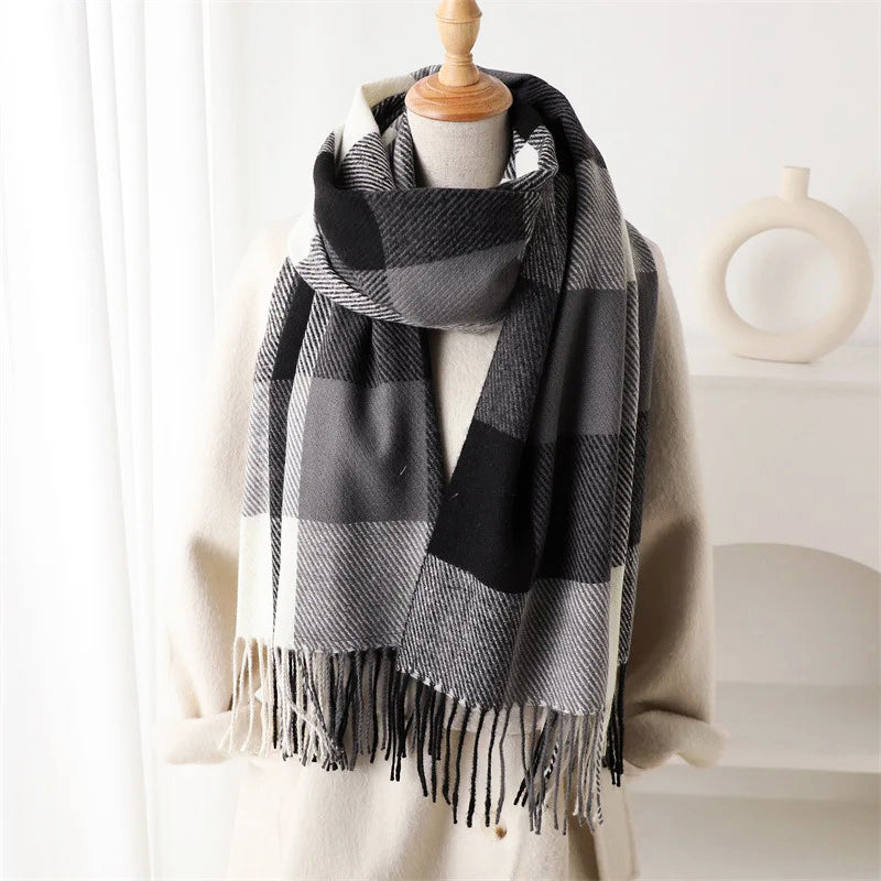Plaid Winter Scarf with Fringe Ends