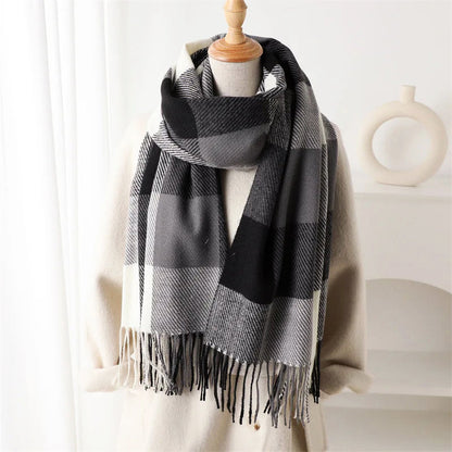Plaid Winter Scarf with Fringe Ends