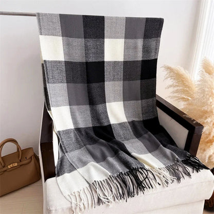 Plaid Winter Scarf with Fringe Ends