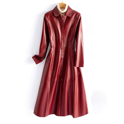 Slim-Cut Long Leather Coat for Women with Button Front