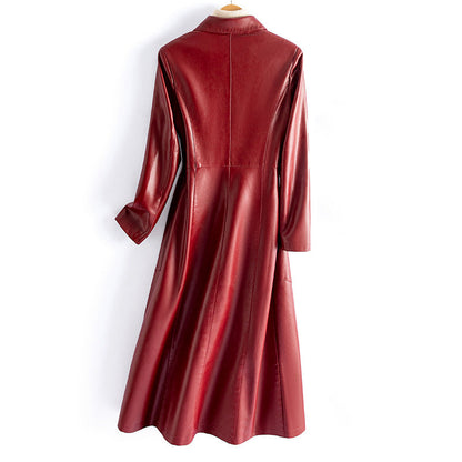Slim-Cut Long Leather Coat for Women with Button Front