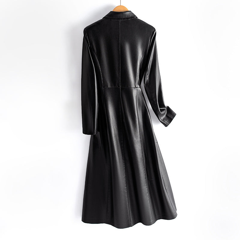 Slim-Cut Long Leather Coat for Women with Button Front