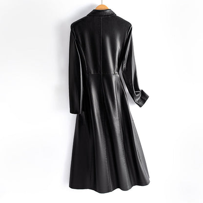 Slim-Cut Long Leather Coat for Women with Button Front