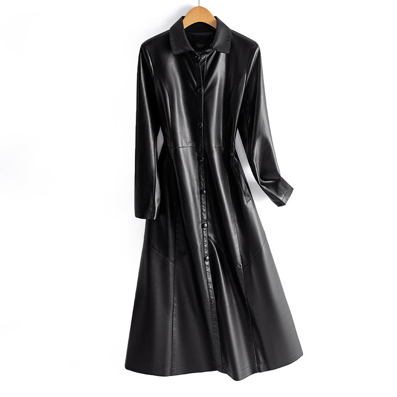 Slim-Cut Long Leather Coat for Women with Button Front