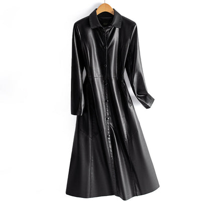 Slim-Cut Long Leather Coat for Women with Button Front