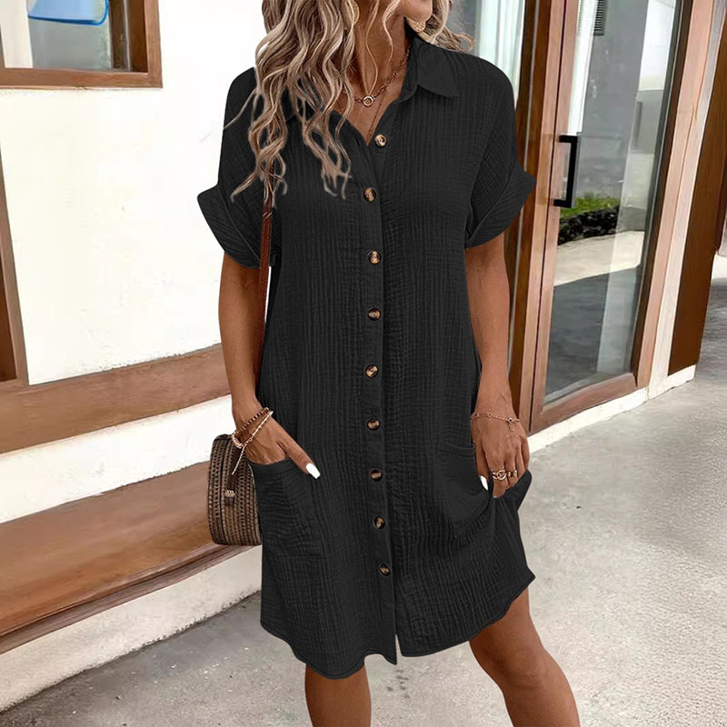 Sofie Malou Button-Front Shirt Dress with Pockets