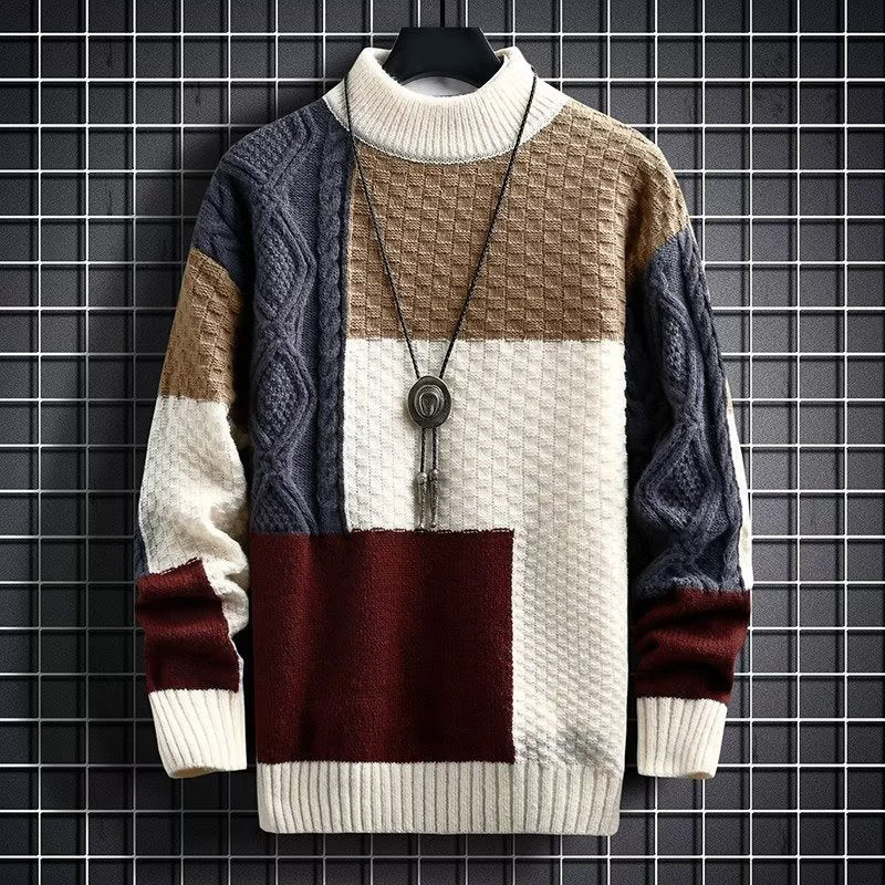 Textured Patchwork Sweater for Men with High Neck Collar