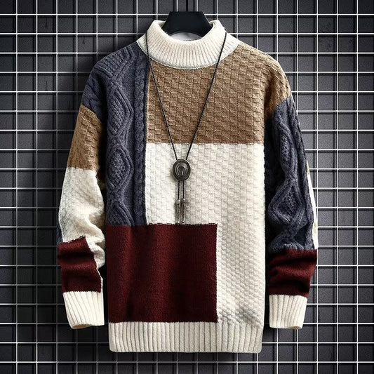 Textured Patchwork Sweater for Men with High Neck Collar
